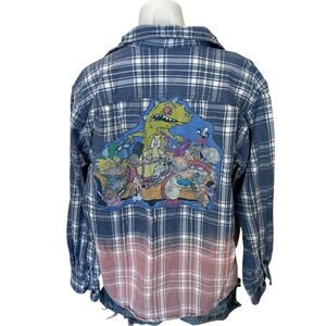 Nickelodeon 90s Cartoon Flannel Plaid Shirt LARGE Oversized Unique Ren Stimpy